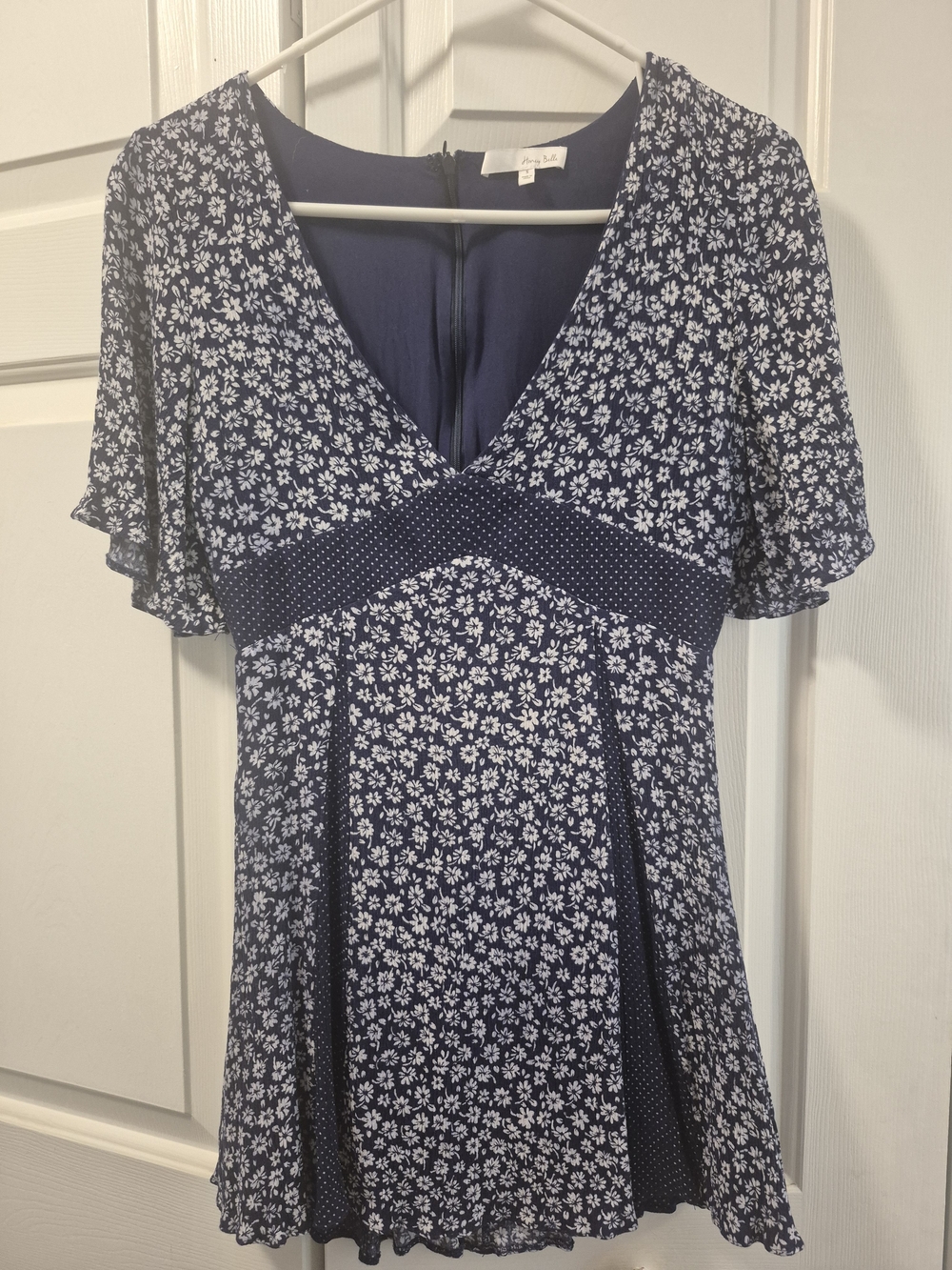 Navy Mini Floral V-Neck Flutter Sleeve Dress Sz Sm